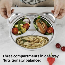 YLARMY Set of 4 Stainless Steel Divided Plates and utensils for kids,3 Compartment Toddler Plate Metal Kid Dinner Tray BPA Free, Cute Panda Shape Toddlers Dishes Dinnerware Picky Eater bowls