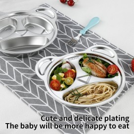 YLARMY Set of 4 Stainless Steel Divided Plates and utensils for kids,3 Compartment Toddler Plate Metal Kid Dinner Tray BPA Free, Cute Panda Shape Toddlers Dishes Dinnerware Picky Eater bowls