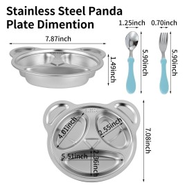 YLARMY Set of 4 Stainless Steel Divided Plates and utensils for kids,3 Compartment Toddler Plate Metal Kid Dinner Tray BPA Free, Cute Panda Shape Toddlers Dishes Dinnerware Picky Eater bowls