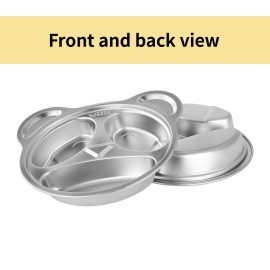 YLARMY Set of 4 Stainless Steel Divided Plates and utensils for kids,3 Compartment Toddler Plate Metal Kid Dinner Tray BPA Free, Cute Panda Shape Toddlers Dishes Dinnerware Picky Eater bowls