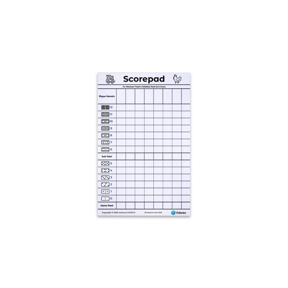 Volareo Mexican Train and Chicken Foot Dominoes Score Pad - 100 Scoring Sheets per Scorepad, 8.5 x 5.5 Inches - Score Sheets for Double 12 Domino Sets, White, VO-320