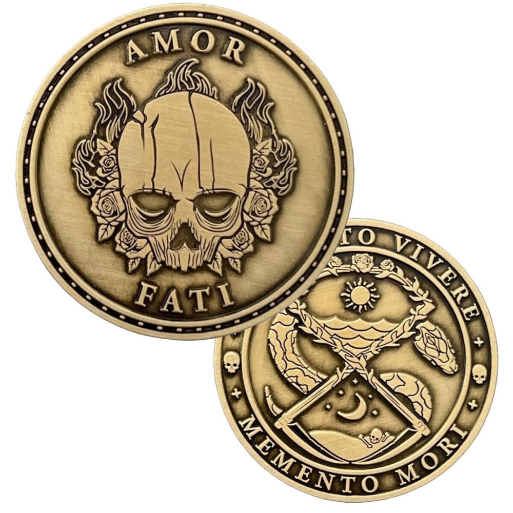 Brigada Sales Stoic EDC Challenge Coin 1.75 - Memento Mori Skull and Amor Fati Design, Gold-Colored Zinc Alloy - Ideal Stoicism Gift for Men - Cool, Flipping Worry Coin