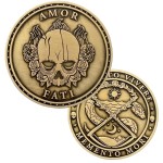 Brigada Sales Stoic EDC Challenge Coin 1.75 - Memento Mori Skull and Amor Fati Design, Gold-Colored Zinc Alloy - Ideal Stoicism Gift for Men - Cool, Flipping Worry Coin
