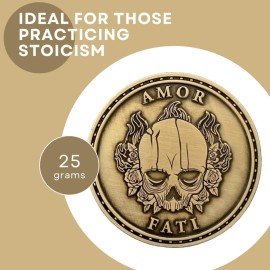 Brigada Sales Stoic EDC Challenge Coin 1.75 - Memento Mori Skull and Amor Fati Design, Gold-Colored Zinc Alloy - Ideal Stoicism Gift for Men - Cool, Flipping Worry Coin