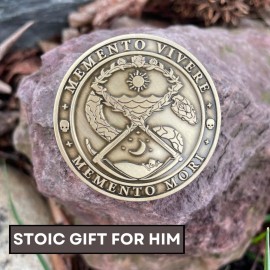 Brigada Sales Stoic EDC Challenge Coin 1.75 - Memento Mori Skull and Amor Fati Design, Gold-Colored Zinc Alloy - Ideal Stoicism Gift for Men - Cool, Flipping Worry Coin