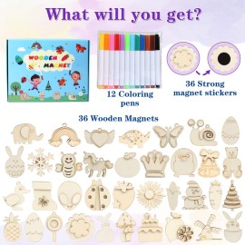Worgree DIY Wooden Magnets, 36 pcs Wooden Art Craft Supplies Painting Kit for Kids Party Favors for Boys Girls Ages 4-8 8-12 Birthday Easter Crafts Gifts Toys Basket Goodie Bag Stuffers