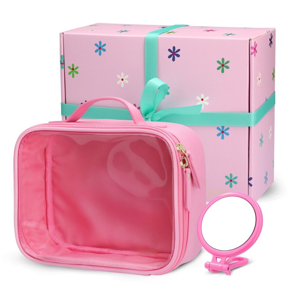 Joyribbon Pink Makeup Cosmetic Bag, Travel Toiletry Bag, Cute Makeup Pouch, Transparent Travel Case, Clear Front, Waterproof and Quart Size Bag, Best Gift for Girls, Teens, Women