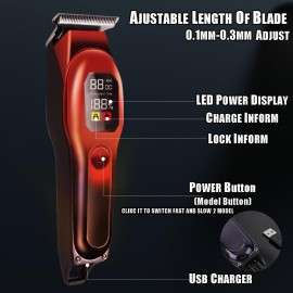 Hair Beard Trimmer for Men, Professional T Liners Clippers for Men, Mens Cordless Barber Clippers, Zero Gapped Grooming Hair Cutting Kit, LCD Rechargeable Shaver Clippers Gifts for Men, Red