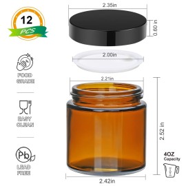 4oz Glass Amber Cosmetic Jars with Black Lids,12 Pack Empty Small Glass Jars with Inner Liners, Round Sample Container for Cream,Lotion,Ointments