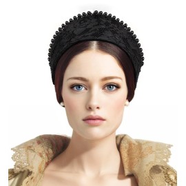 C-ZOFEK Anne Headband Pearl Tudor French Hood Gothic Renaissance Halloween Hair Accessory (Black-B)