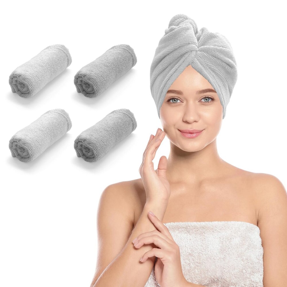 Homewear 4 Pack Microfiber Hair Wrap Towels, Drying Turbans for Wet Hair, Dry Towel for Women Anti Frizz, Dark Grey/Light Grey