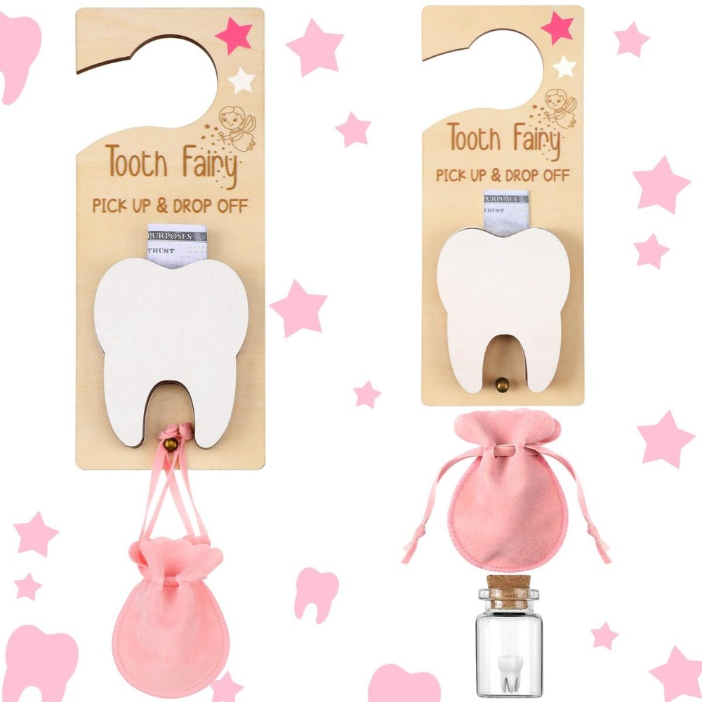 DoubleFill Tooth Fairy Holder Bag Hanger with Money Slot Keepsake Bottle Velvet Pouch Tooth Fairy Box Encourage Gift for Lost Teeth Boy Girl Milk(Classic,Pink)