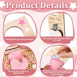 DoubleFill Tooth Fairy Holder Bag Hanger with Money Slot Keepsake Bottle Velvet Pouch Tooth Fairy Box Encourage Gift for Lost Teeth Boy Girl Milk(Classic,Pink)