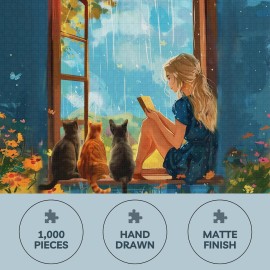 Theo\'s Puzzles Rainy Day Blessings Cat Puzzle 1000 Piece Puzzle for Adults - Smooth Edged, High Resolution Puzzle; Matte Finished, Zero Dust Jigsaw Puzzle