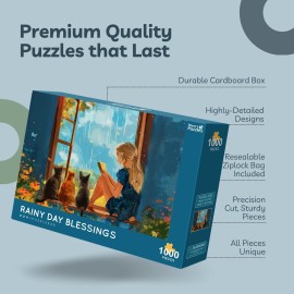 Theo\'s Puzzles Rainy Day Blessings Cat Puzzle 1000 Piece Puzzle for Adults - Smooth Edged, High Resolution Puzzle; Matte Finished, Zero Dust Jigsaw Puzzle