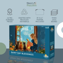 Theo\'s Puzzles Rainy Day Blessings Cat Puzzle 1000 Piece Puzzle for Adults - Smooth Edged, High Resolution Puzzle; Matte Finished, Zero Dust Jigsaw Puzzle