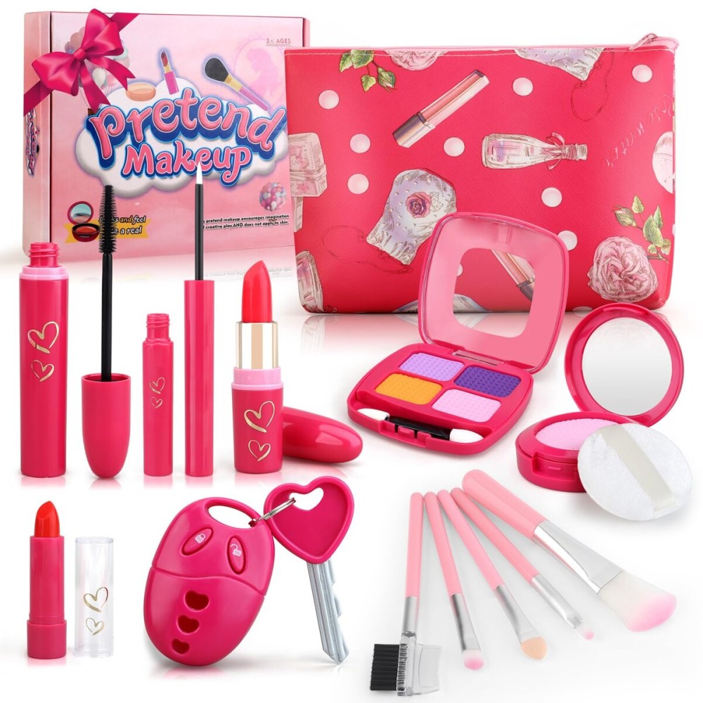 Toddler Girl Toys, Pretend Makeup Kit for Girls 1-3 3-5, Kids Play Makeup Set for Kids 3-5 4-6 1-3, Toddler Makeup Kit with Fake Makeup Set, Car Key & Make up Toy for Age 2 3 4 5 Year Old Girl Gifts