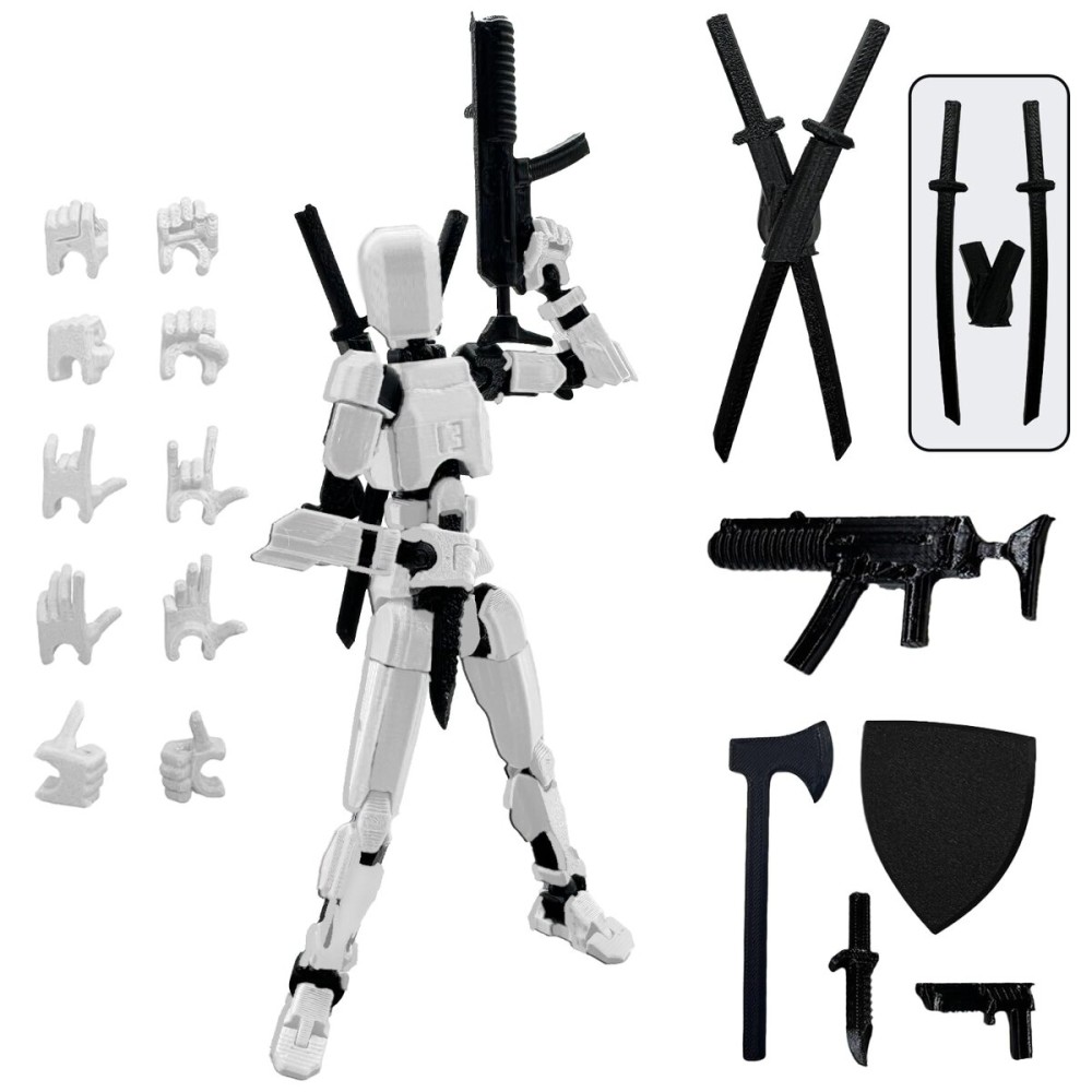 QAONIE (Assembly Completed) 3D Printed Figure 5.54-inch Dummy13 with Weapon Expansion Set, Full Body Mechanical Movable Toy, Desk Decoration. (White)