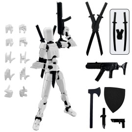 QAONIE (Assembly Completed) 3D Printed Figure 5.54-inch Dummy13 with Weapon Expansion Set, Full Body Mechanical Movable Toy, Desk Decoration. (White)