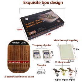 Grhonior Horse Racing Board Game with 11 Metal Horses Thickened Wood Horse Racing Board Game Set for Family and Adult Including 2 Dices and 2 Boxes of Cards (Flame)