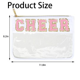 Jeffan 1 Pcs Cheer Gifts Chenille Letter Cheer Bags Patch Makeup Bag Flat Clear Pouch Cheerleading Gifts for Girls Cheer Teams