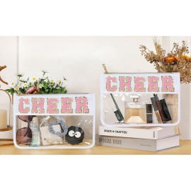 Jeffan 1 Pcs Cheer Gifts Chenille Letter Cheer Bags Patch Makeup Bag Flat Clear Pouch Cheerleading Gifts for Girls Cheer Teams
