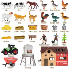 Farm Animal Toy Set with Red Barn, 33Pcs Farm Barn Playset for Kid Toddler 3-5 5-7 Year Old including Animal Figure Farmer Tractor and Farm Life Accessories Horse Cow Sheep Goose Duck Cat Dog