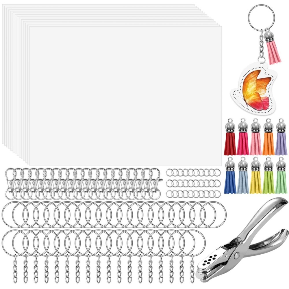 cridoz 162 Shrinky Sheets Keychain kit, Including 20 Sheets Shrinky Plastic Paper, Tassels, Keychain Clip, Split Key Rings, Key Rings with Chain, Jump Rings, Hole Punch for Creative