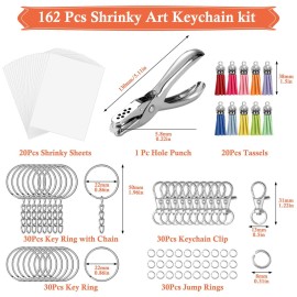 cridoz 162 Shrinky Sheets Keychain kit, Including 20 Sheets Shrinky Plastic Paper, Tassels, Keychain Clip, Split Key Rings, Key Rings with Chain, Jump Rings, Hole Punch for Creative