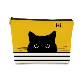 BARPERY Cat Makeup Bag - Small Cute Cosmetic Bag for Women & Teen Girls - Birthday & Cat Lady Gifts (Black, Yellow)