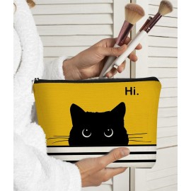 BARPERY Cat Makeup Bag - Small Cute Cosmetic Bag for Women & Teen Girls - Birthday & Cat Lady Gifts (Black, Yellow)