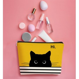 BARPERY Cat Makeup Bag - Small Cute Cosmetic Bag for Women & Teen Girls - Birthday & Cat Lady Gifts (Black, Yellow)