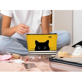 BARPERY Cat Makeup Bag - Small Cute Cosmetic Bag for Women & Teen Girls - Birthday & Cat Lady Gifts (Black, Yellow)