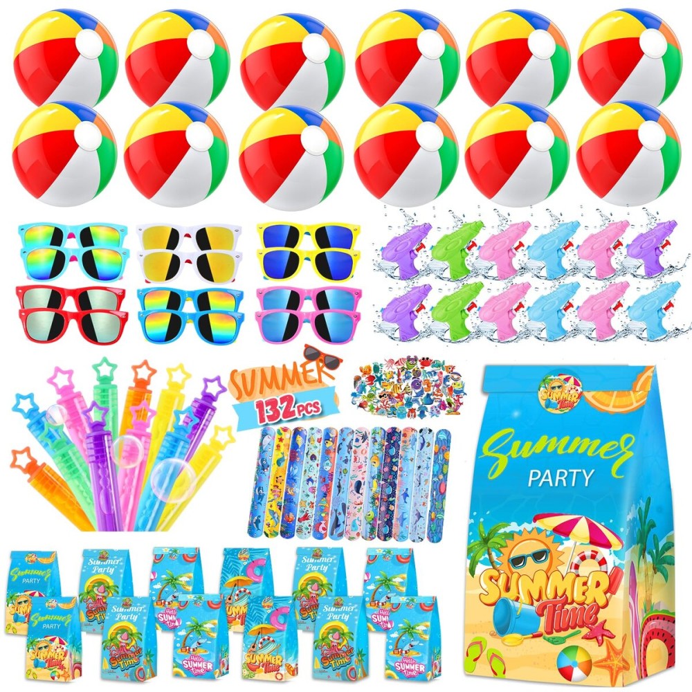 Pool Party Favors Beach Party Favors - 132PCS Summer Beach Pool Toys for Kids Include Beach Balls, Kids Sunglasses Bulk, Bubble Wands...Pool Party Supplies for Summer Birthday Party for Kids 4-8 8-12