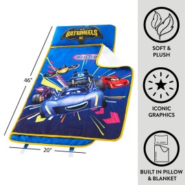 DC Batwheels Toddler Quilted Nap Mat with Built in Blanket and Pillow, 20 Wx 46 L