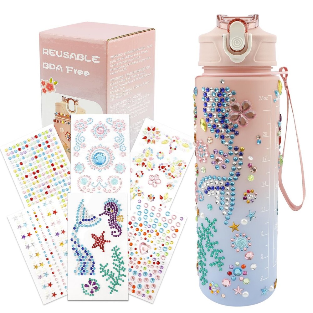 Decorate Your Own Water Bottle Kit for Girls, Ages 5-10, Birthday Gift - Craft Set with Pink Blue Gradient Bottle
