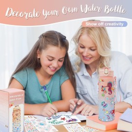 Decorate Your Own Water Bottle Kit for Girls, Ages 5-10, Birthday Gift - Craft Set with Pink Blue Gradient Bottle