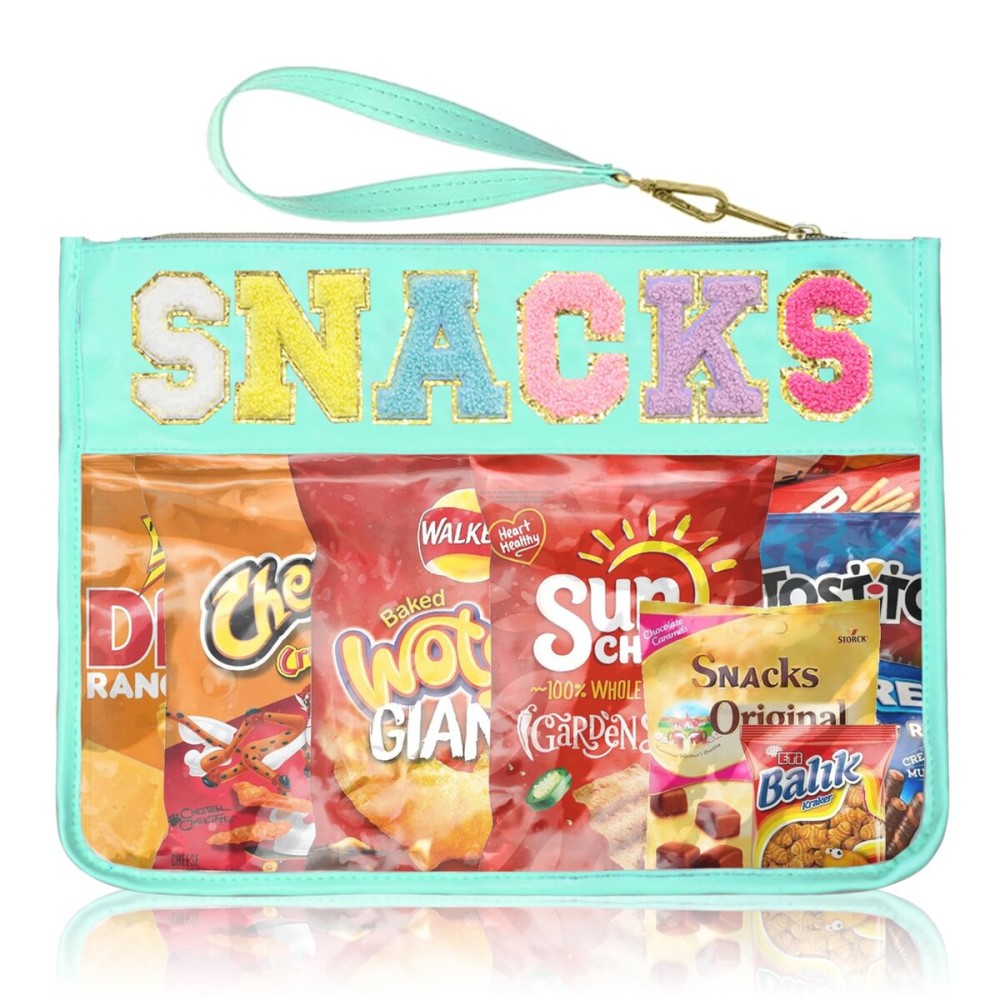Siwara Snack Bags Clear Pouch Travel Makeup Bag Stoney Clover Chenille Letter Bags for Zipper Pouch Clear Cosmetic Bag Makeup Travel Bag for Women (Green-Snack)