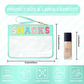 Siwara Snack Bags Clear Pouch Travel Makeup Bag Stoney Clover Chenille Letter Bags for Zipper Pouch Clear Cosmetic Bag Makeup Travel Bag for Women (Green-Snack)
