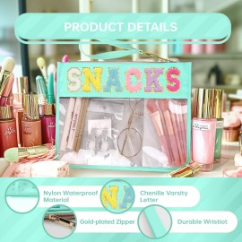 Siwara Snack Bags Clear Pouch Travel Makeup Bag Stoney Clover Chenille Letter Bags for Zipper Pouch Clear Cosmetic Bag Makeup Travel Bag for Women (Green-Snack)