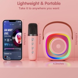 Karaoke Machine for Kids, Mini Portable Bluetooth Karaoke Speaker with 2 Wireless Microphones and Lights, Birthday Gifts for Girls Ages 4, 5, 6, 7, 8, 9, 10, 12+(Pinkcolor)