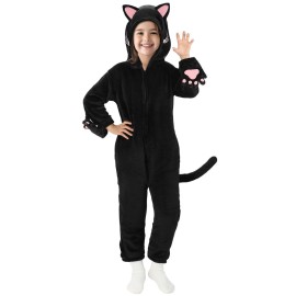 Joycover Cat Costume For Girls, Black Cat Costume For Girls Kids Dress Up, Onesie Cat Noir Costume, Role Play Halloween Costume For Kids Aged 9-10, Size L
