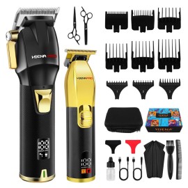 HIENA PRO Professional Hair Clippers Set for Men, Cordless Barber Kit for Haircut, Clippers and Trimmers Set, Hair Cutting Kit with LED Display & Rechargeable USB, Gifts for Men (Black Gold)