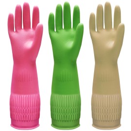 Bamllum 3 Pairs of Rubber Dishwashing Gloves for Kitchen and Household Cleaning - Long Cuff 15, Reusable, Flexible Long-lasting and Non-Slip (Red+Yellow+Green, X-Large)