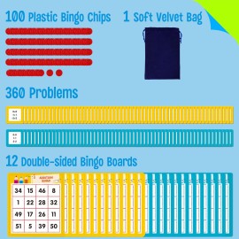 SpriteGru Addition & Subtraction Bingo Game, 360 Math Problems, 2 Educational Math Board Game for Kindergarten and Preschool Kids 4-8, Perfect for Classroom & at Home