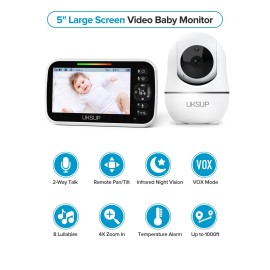 UKSUP SM663V2 Baby Monitor with 2 Cameras - 5 Display Video Baby Monitor with Remote Pan & Tilt, 2X Zoom,Auto Night Vision, 2 Way Talk, Temperature Sensor,Lullabies,960 Feet Range
