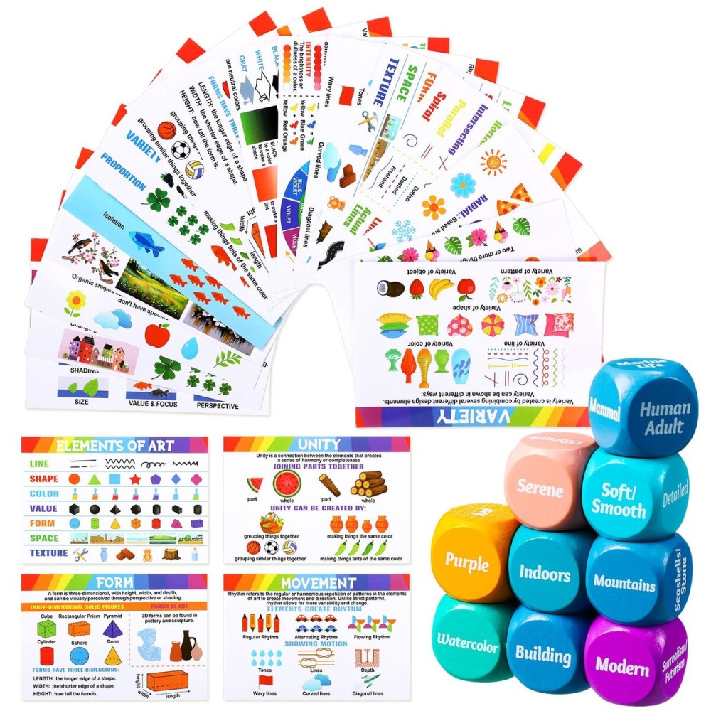 Pajean 25 Pcs Art Dice Game 9 Art Inspiration Dice 16 Painting Principles Education Cards Creative Drawing and Painting Set Teacher Gifts for Christmas Room Artists Classroom Student Adult