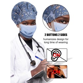 Floraltop 6 Pcs Satin Lined Scrub Caps Women Nurse Surgical Hat with Buttons Ponytail Working Adjustable Pouch Tie Back(Classic Style)