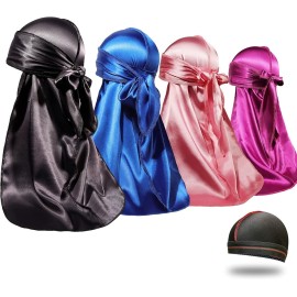 4PCS Silky Durags for Men Women 360 Waves with 1 Wave Cap, Silky Satin Durag Extra Long Tails 4PCS Silky Durags for Men Women 360 Waves with 1 Wave Cap, Silky Satin Durag Extra Long Tails
