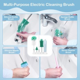 ESFC Electric Bottle Brush Cleaner With Holder, Rechargeable Automatic Water Bottle Cleaner With Stainless Steel Extension Handle, Extra Long Water Bottle Brush,Nipple Brush, Straw Cleaner Brush,Green